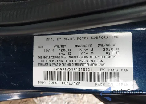 2015 Mazda 6 I Touring z USA, uszkodzony, nr VIN JM1GJ1V51F1218621